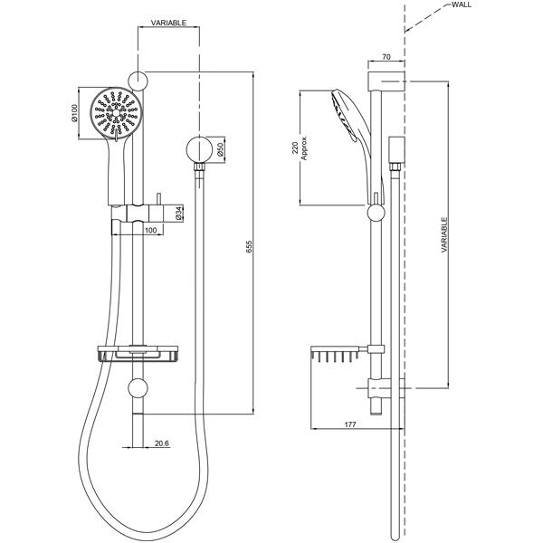 Methven Flexispray Cascade II 3 Function Brass Rail Shower Technical Drawing