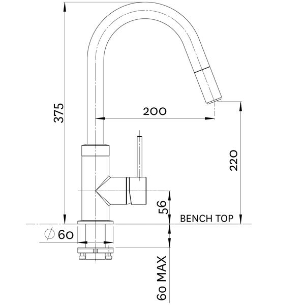 Gooseneck Pull Out Sink Mixer-Chrome/Matte Black Technical Drawing