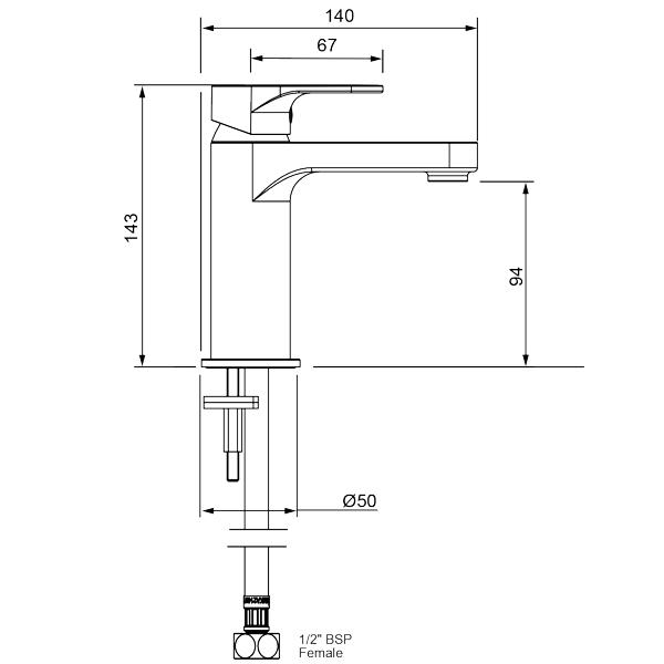 Methven Glide Basin Mixer-Matte Black Technical Drawing