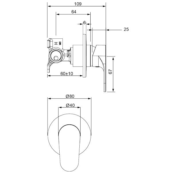 Methven Glide Shower Mixer - Matte Black Technical Drawing