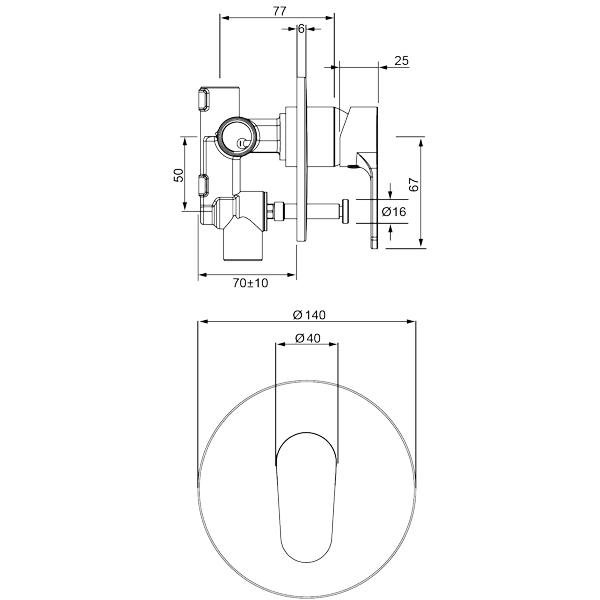 Methven Glide Shower Mixer With Diverter Technical Drawing