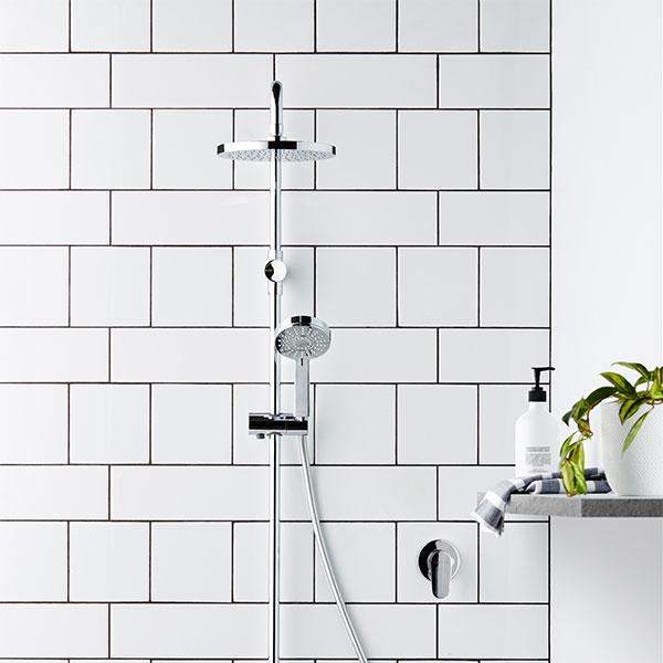 Methven Krome 100 3 Function Twin Shower System with white subway tiles - The Blue Space
