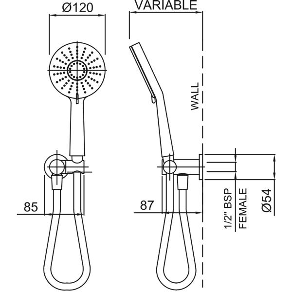 Methven Krome 120 3 Function Hand Shower Technical Drawing