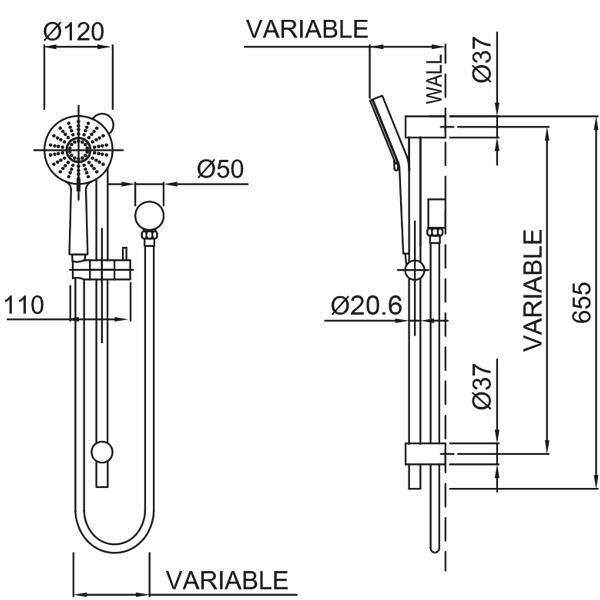 Methven Krome 120 3 Function Rail Shower Technical Drawing