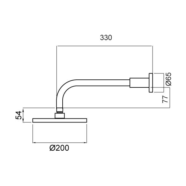 Methven Krome 200mm Wall Shower On Straight Arm Technical Drawing