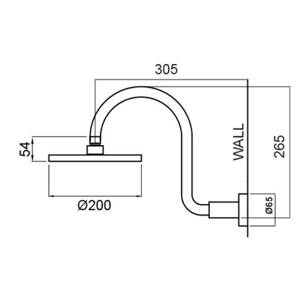 Methven Krome 200mm Wall Shower On Swan Neck Arm Technical Drawing