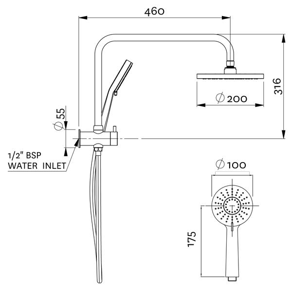 Methven Krome 100 3 Function Short Twin System Technical Drawing