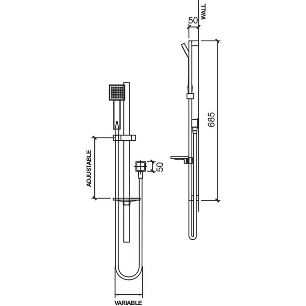 Methven Rere Rail Shower Technical Drawing