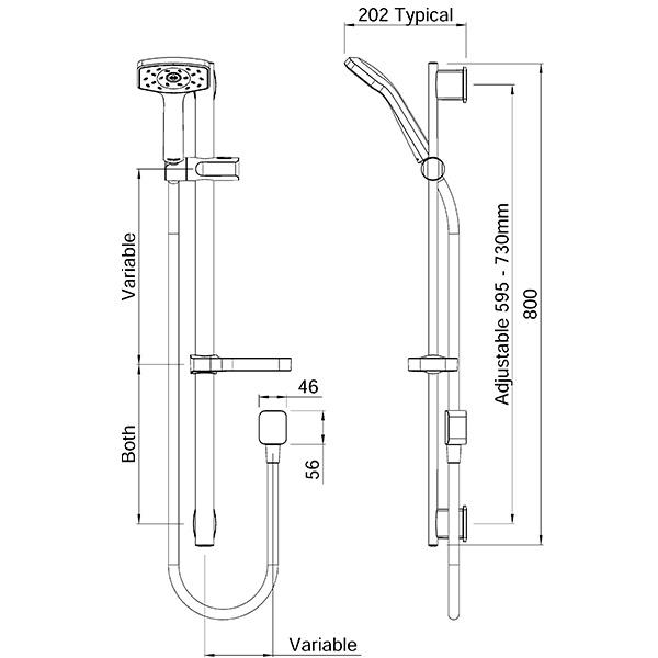 Methven Waipori Rail Shower Technical Drawing