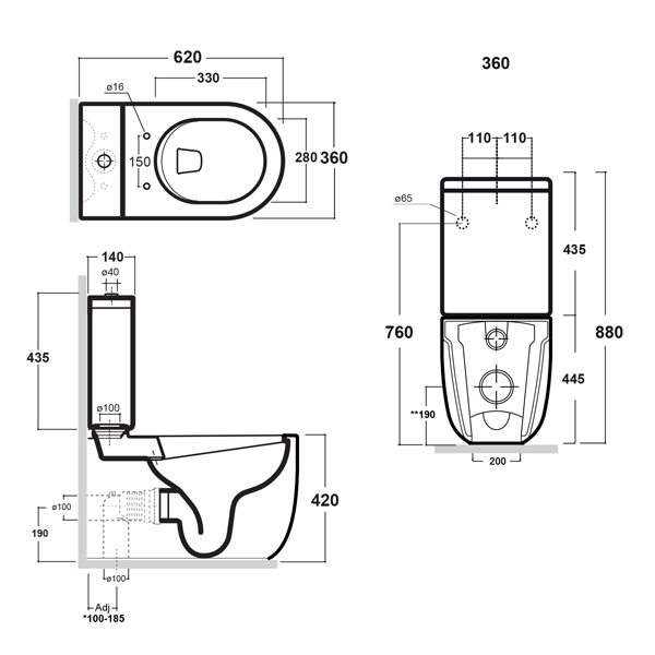 Technical Drawing - Studio Bagno Milady Rimless Back To Wall Toilet Suite