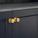 Momo Handles Belgravia Round Knob 35mm Brushed Satin Brass online at The Blue Space | Navy Grey and concrete kitchen