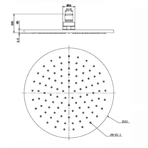 Technical Drawing - Nero Round Shower Head 250mm 