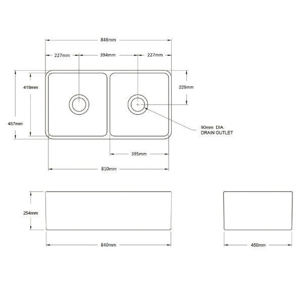 Turner Hastings Novi Fireclay Double Butler Sink, Universal Flat And Ribbed Front Technical Drawing