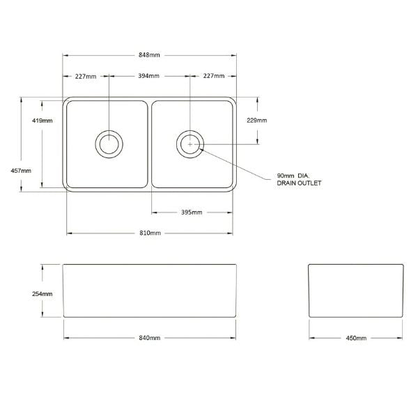 Turner Hastings Novi 85 x 46 Fireclay Double Butler Sink, Universal Front