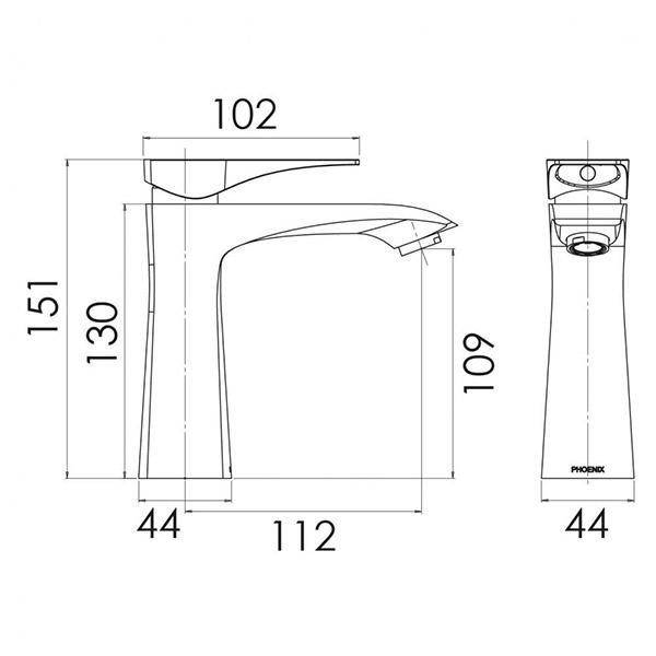 Phoenix Argo Basin Mixer - The Blue Space - specs - line drawing and dimensions 