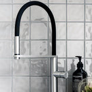 Phoenix Blix Flexible Hose Sink Mixer (Round) - Brushed Nickel installed with white tiles