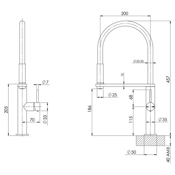 Phoenix Blix Flexible Hose Sink Mixer (Round) - Brushed Nickel - specs - line drawing and dimensions 