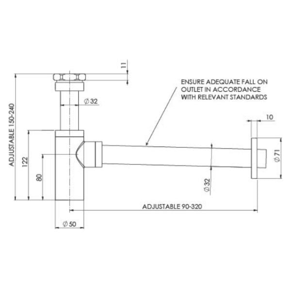 Phoenix 40mm Bottle Trap - Brushed Nickel - The Blue Space specs - line drawing and dimensions