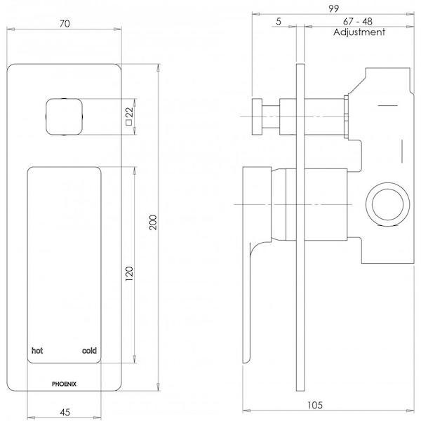 Phoenix Gloss Shower/Bath Diverter Mixer specs - line drawing and dimensions 