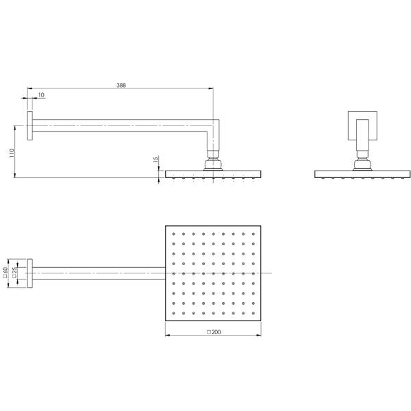Phoenix Lexi Shower Arm 400mm & 200mm Square Rose - specs - line drawing and dimensions