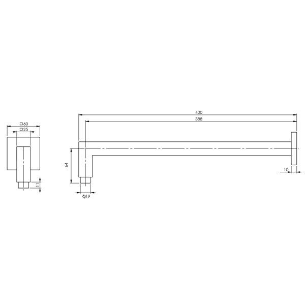 Phoenix Lexi Shower Arm Only 400mm Square - Brushed Nickel  specs - line drawing and dimensions