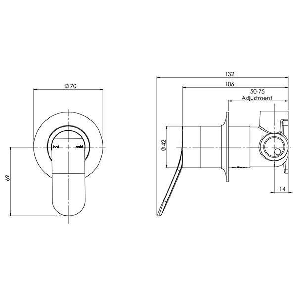 Phoenix Nara Shower/Wall Mixer -  specs - line drawing and dimensions
