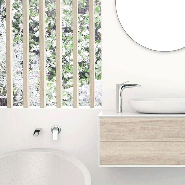 Phoenix Nara Shower/Wall Mixer in white and timber bathroom