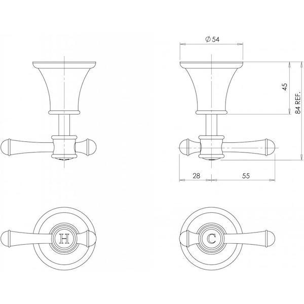 Technical Drawing - Phoenix Nostalgia Lever Wall Top Assemblies specs - line drawing and dimensions
