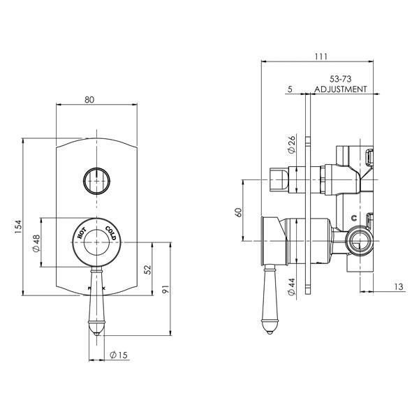 Phoenix Nostalgia Shower / Bath Diverter Mixer- Chrome/White specs - line drawing and dimensions 
