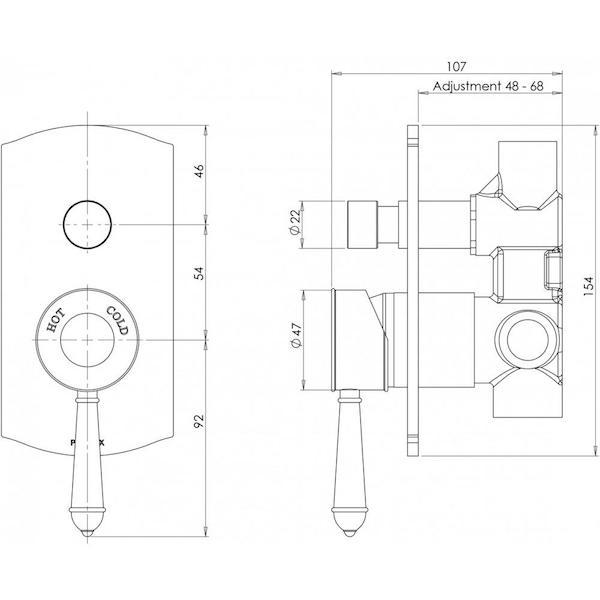 Phoenix Nostalgia Shower/Bath Diverter Mixer-Chrome - specs - line drawing and dimensions