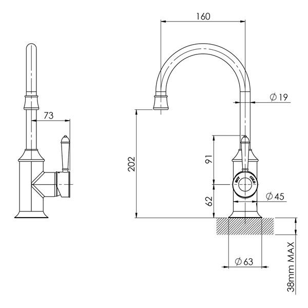Technical Drawing - Phoenix Nostalgia Sink Mixer 160mm Gooseneck- Chrome/White