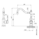 Technical Drawing - Phoenix Nostalgia Sink Mixer 220mm Shepherds Crook- Chrome/White