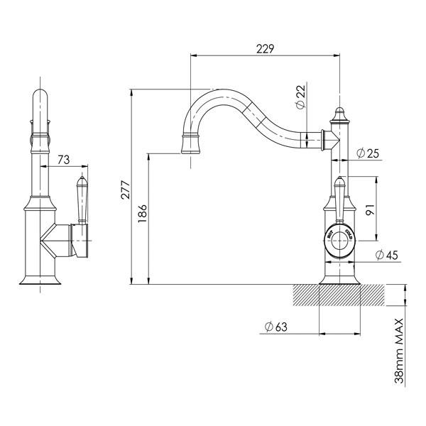 Technical Drawing - Phoenix Nostalgia Sink Mixer 220mm Shepherds Crook- Chrome/White
