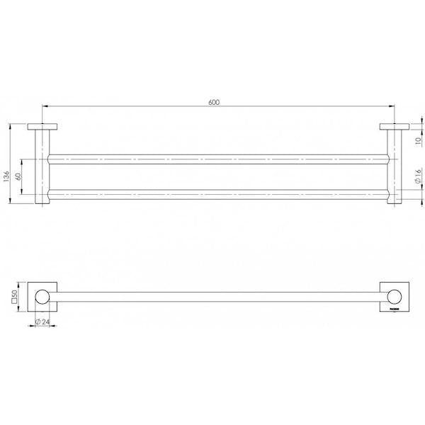 Phoenix Radii Double Towel Rail 600mm Square Plate Chrome Technical Drawing - The Blue Space
