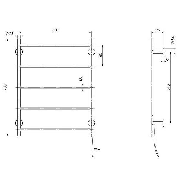 Phoenix Radii Heated Towel Ladder 550 x 740 Round Plate Technical Drawing - The Blue Space