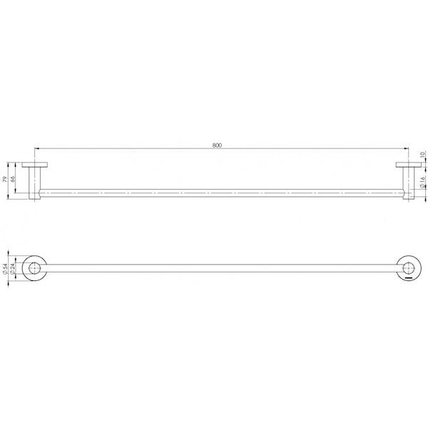 Phoenix Radii Single Towel Rail Round Plate 800mm Brushed Nickel Technical Drawing - The Blue Space
