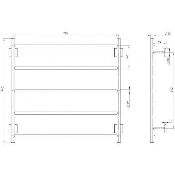 Phoenix Radii Towel Ladder Square Plate Chrome 750mm Technical Drawing - The Blue Space