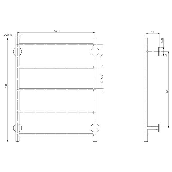 Phoenix Radii Towel Ladder 550 x 740mm Round Plate Technical Drawing - The Blue Space