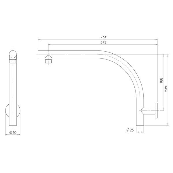 Technical Drawing - Phoenix Rush High-Rise Shower Arm Only - Brushed Gold 