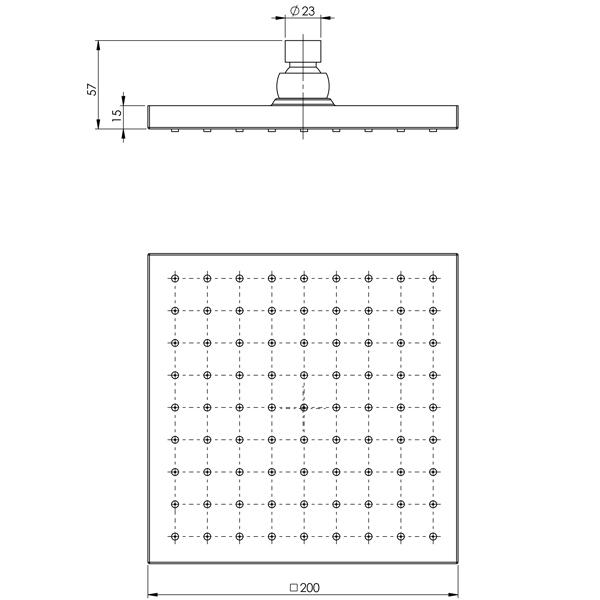 Phoenix Lexi Shower Rose Only 200mm Square - Matte Black specs - line drawing and dimensions