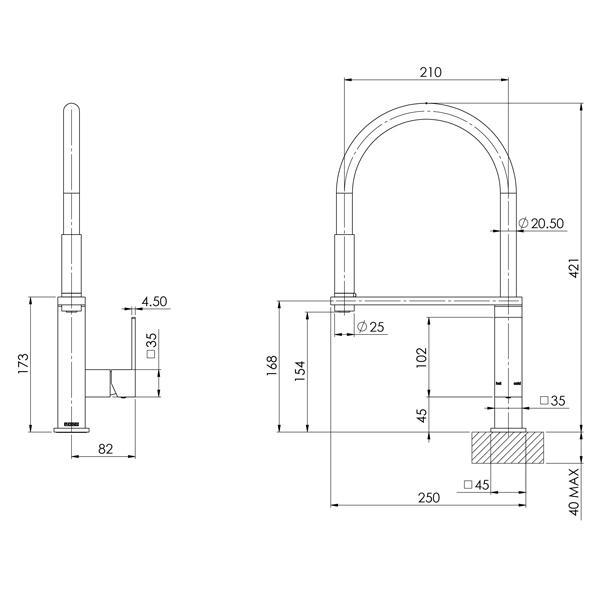 Technical Drawing - Phoenix Vezz Flexible Hose Sink Mixer (Square) - Matte Black