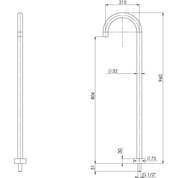 Technical Drawing - Phoenix Vivid Floor Mounted Bath Outlet 940mm - Brushed Nickel