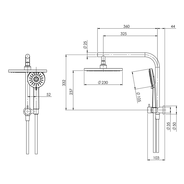 Phoenix Vivid Slimline Compact Twin Shower Technical Drawing - The Blue Space