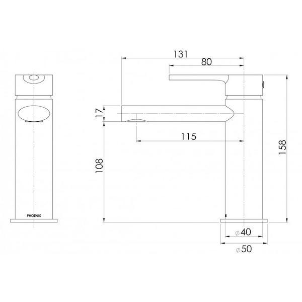 Phoenix Vivid Slimline Oval Basin Mixer-Matte Black - specs - line drawing and dimensions