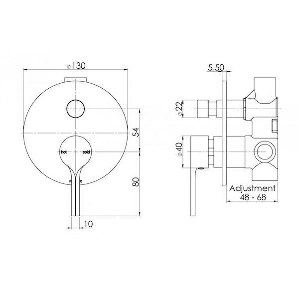 Phoenix Vivid Slimline Oval Shower/Bath Diverter Mixer specs - line drawing and dimensions
