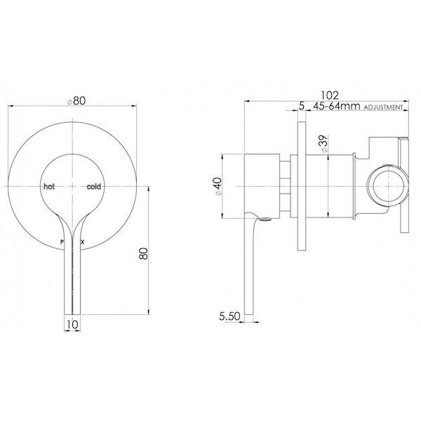 Phoenix Vivid Slimline Oval Shower/Wall Mixer-Matte Black specs - line drawing and dimensions