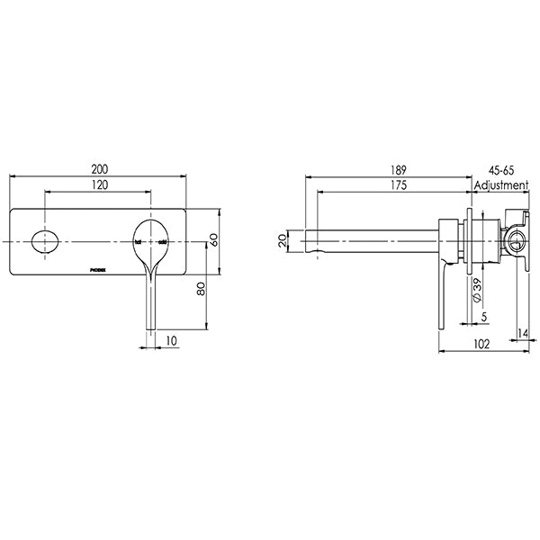 Phoenix Vivid Slimline Oval Wall Basin Mixer Set 175mm-Matte Black specs - line drawing and dimensions 