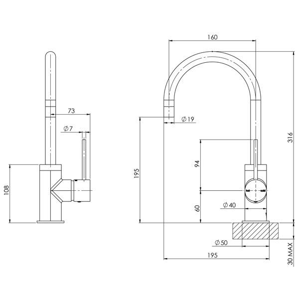 Phoenix Vivid Slimline Side Lever Sink Mixer 160mm Gooseneck-Gun Metal - specs - line drawing and dimensions