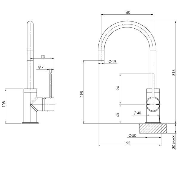 Phoenix Vivid Slimline Side Lever Sink Mixer 160mm Gooseneck-Matte Black - specs - line drawing and dimensions