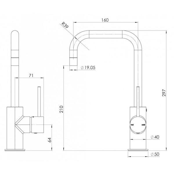 Phoenix Vivid Slimline Side Lever Sink Mixer 160mm Squareline-Chrome - specs - line drawing and dimensions